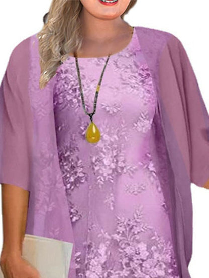 Women's Dress - Plus Size Casual Dress Floral Crew Neck Lace Half Sleeve Spring Fall Casual Midi Dress Daily Holiday Dress