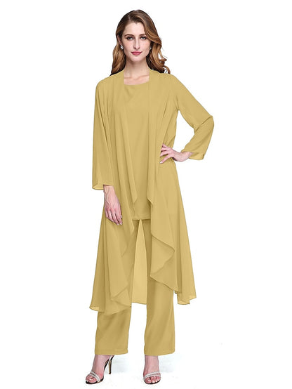 Jumpsuit / Pantsuit Mother of the Bride Dress Plus Size Elegant Bateau Neck Floor Length Chiffon Sleeveless yes with Solid Color 2023 - LuckyFash™