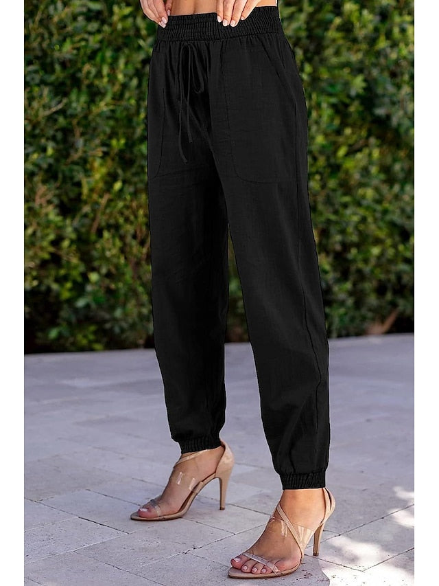 Women's Joggers Faux Linen Plain Black Khaki Fashion High Waist Full Length Street Daily