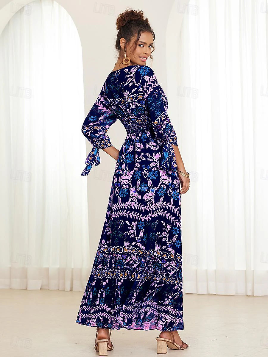 Women's Chiffon A Line Dress Floral Ruffle Bow V Neck Puff Sleeve Maxi Dress Boho Party Short Sleeve Summer