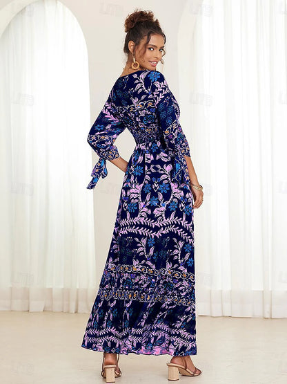 Women's Chiffon A Line Dress Floral Ruffle Bow V Neck Puff Sleeve Maxi Dress Boho Party Short Sleeve Summer