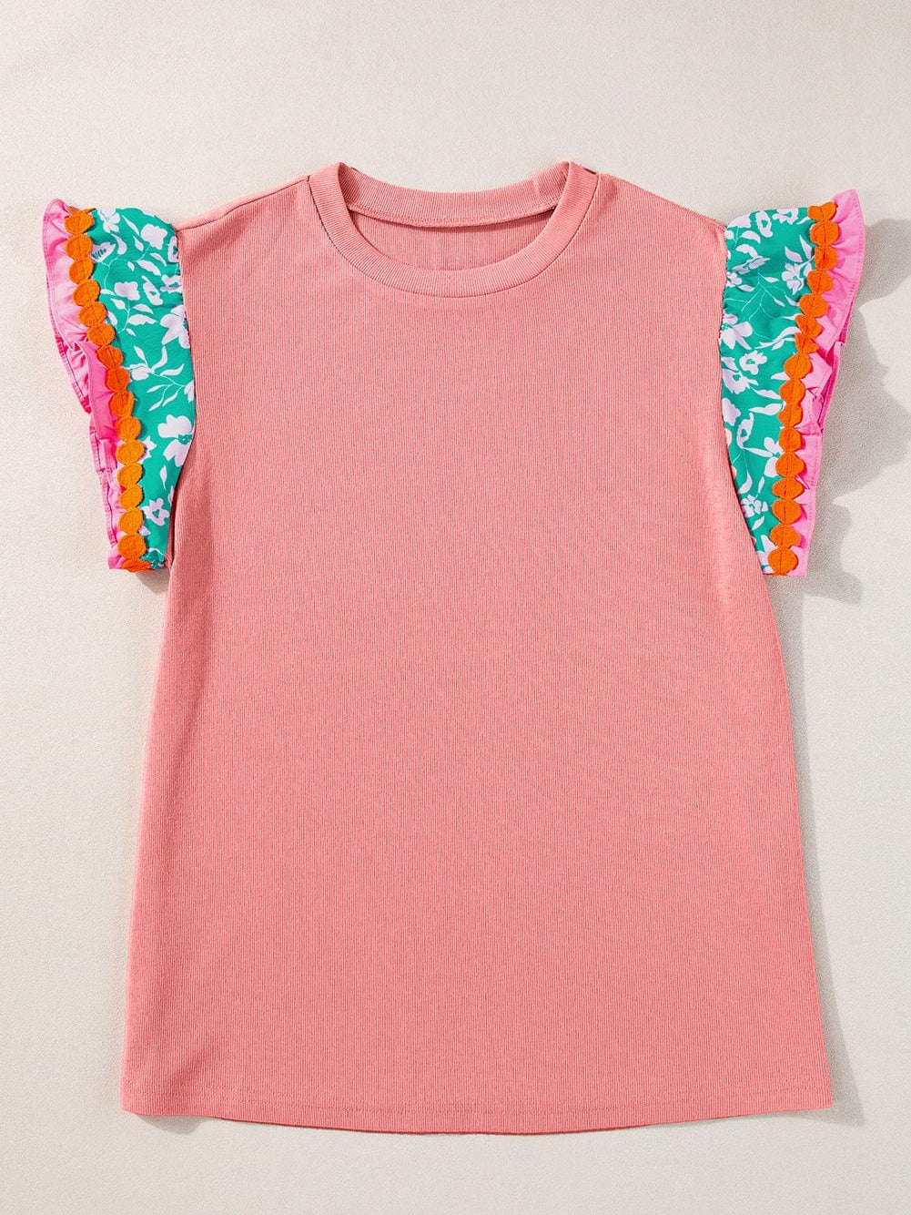 Peach Blossom Floral Ruffle Sleeve Blouse