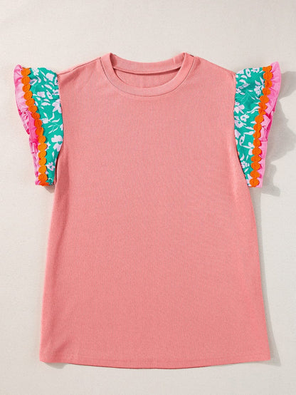 Peach Blossom Floral Ruffle Sleeve Blouse