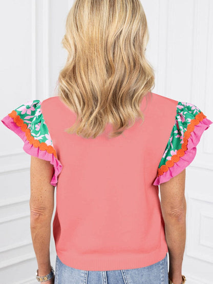 Peach Blossom Floral Ruffle Sleeve Blouse