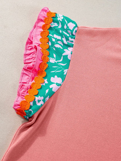 Peach Blossom Floral Ruffle Sleeve Blouse