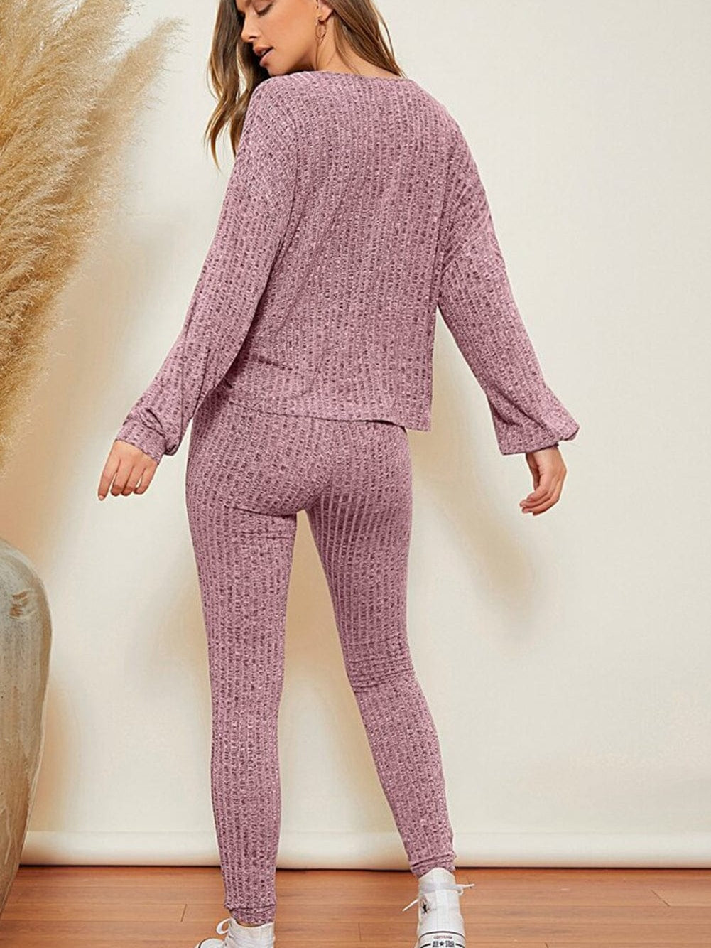 Peach Blossom Ribbed Drop Shoulder Top with Knot Waist Leggings Ensemble