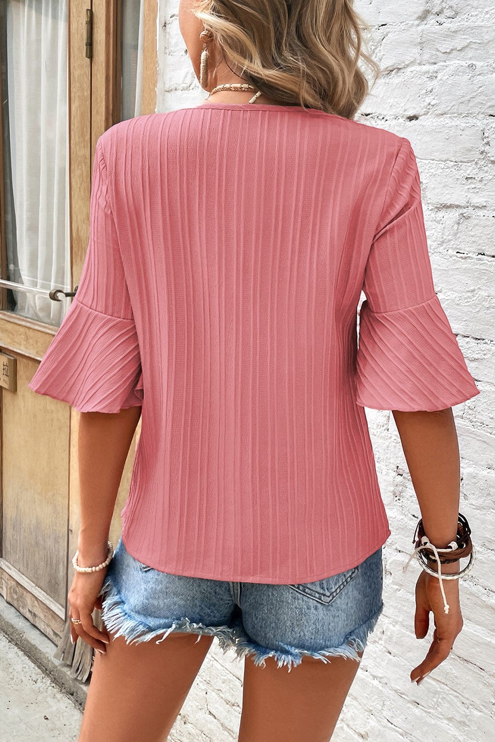 Peach Blossom Textured V Neck Ruffle Sleeve Top