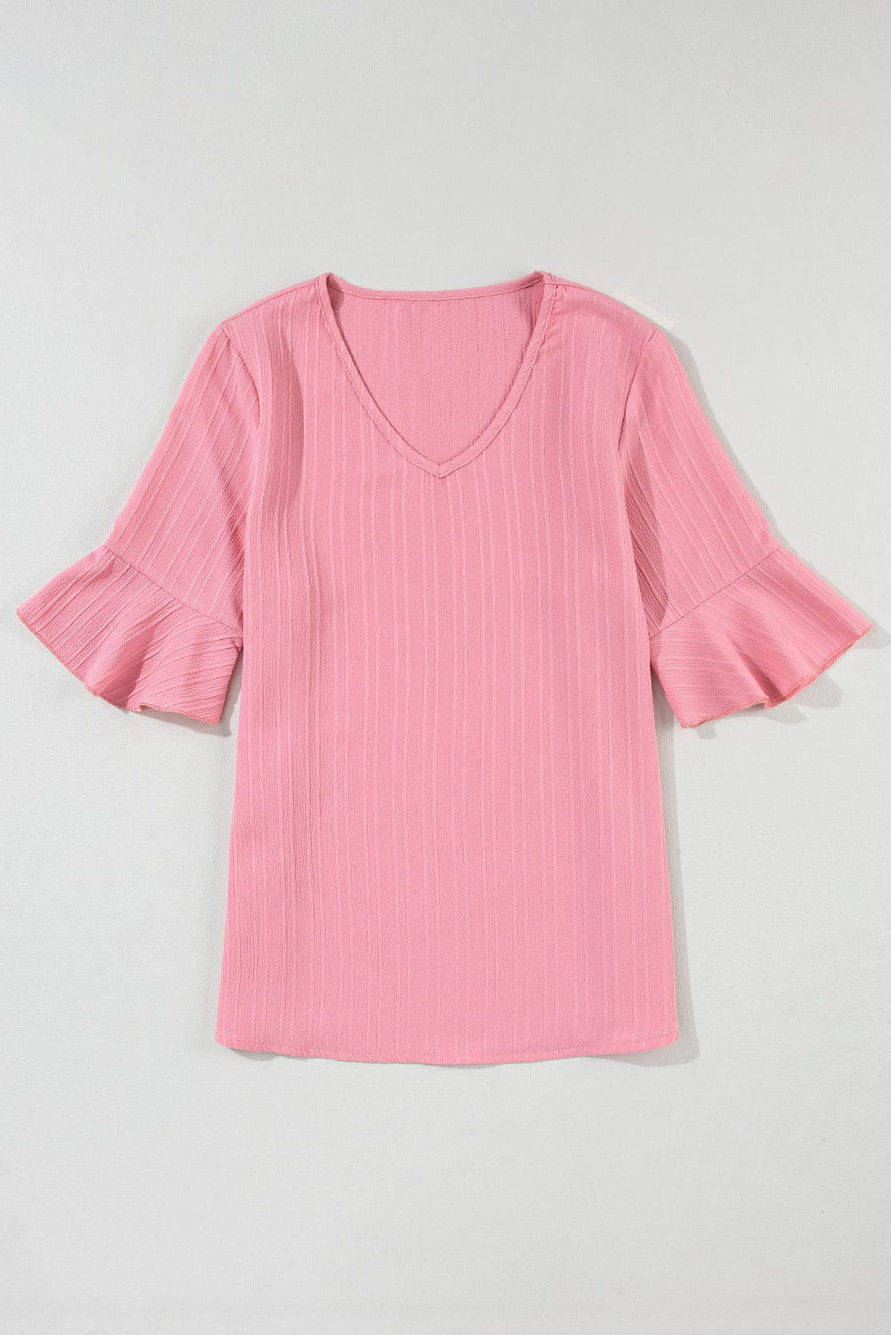 Peach Blossom Textured V Neck Ruffle Sleeve Top