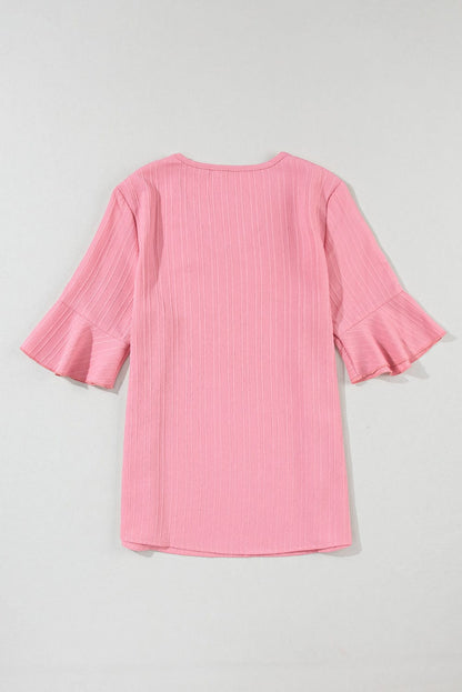Peach Blossom Textured V Neck Ruffle Sleeve Top