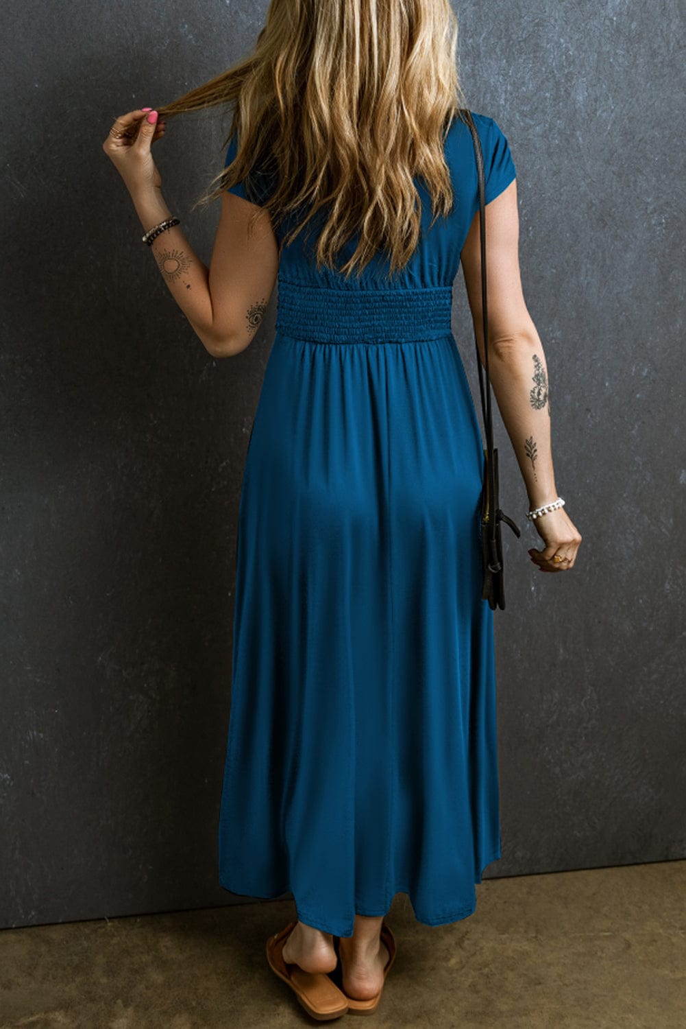 Peacock Blue V Neck Maxi Dress with Shirred High Waist