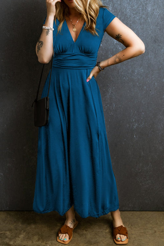 Peacock Blue V Neck Maxi Dress with Shirred High Waist