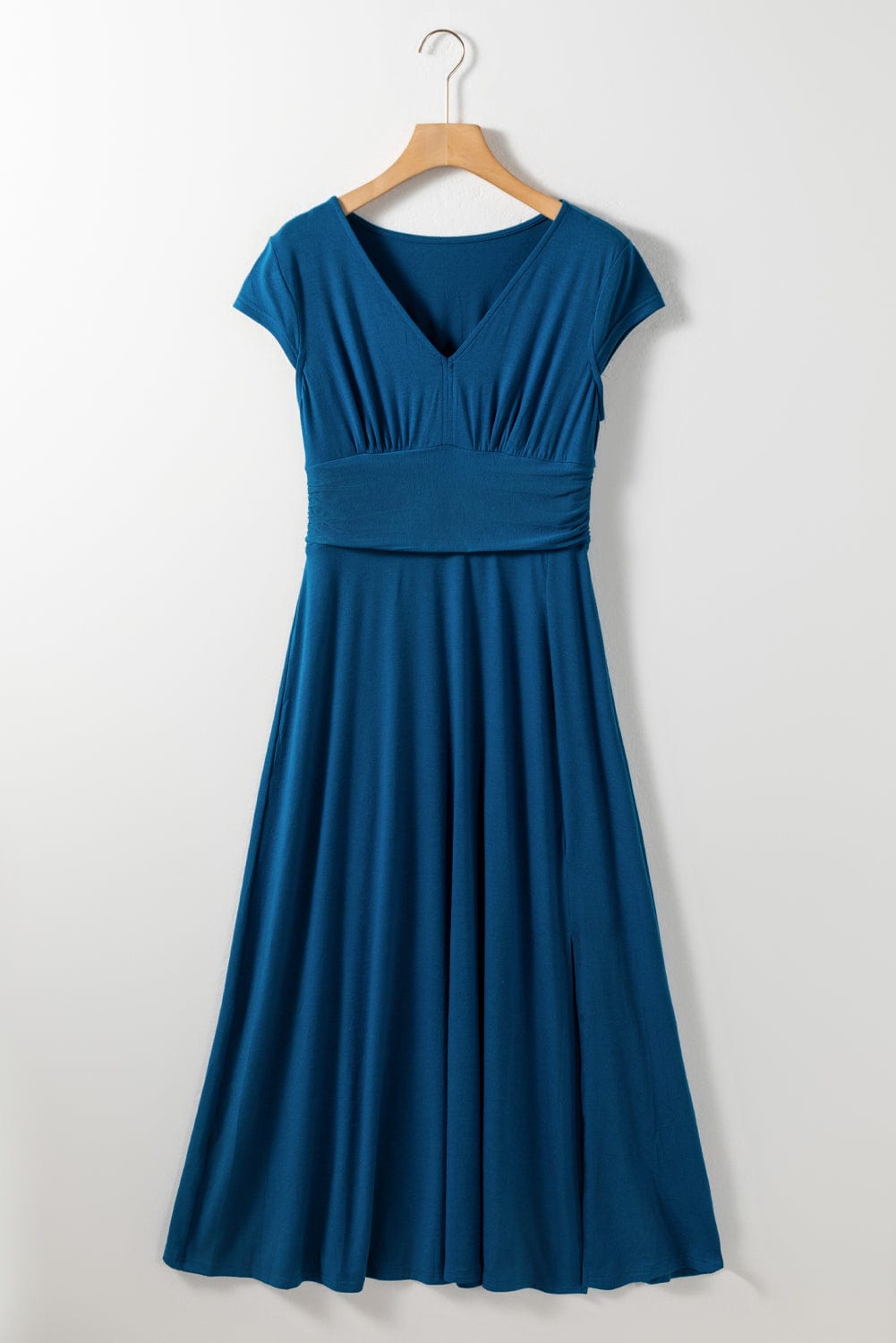 Peacock Blue V Neck Maxi Dress with Shirred High Waist