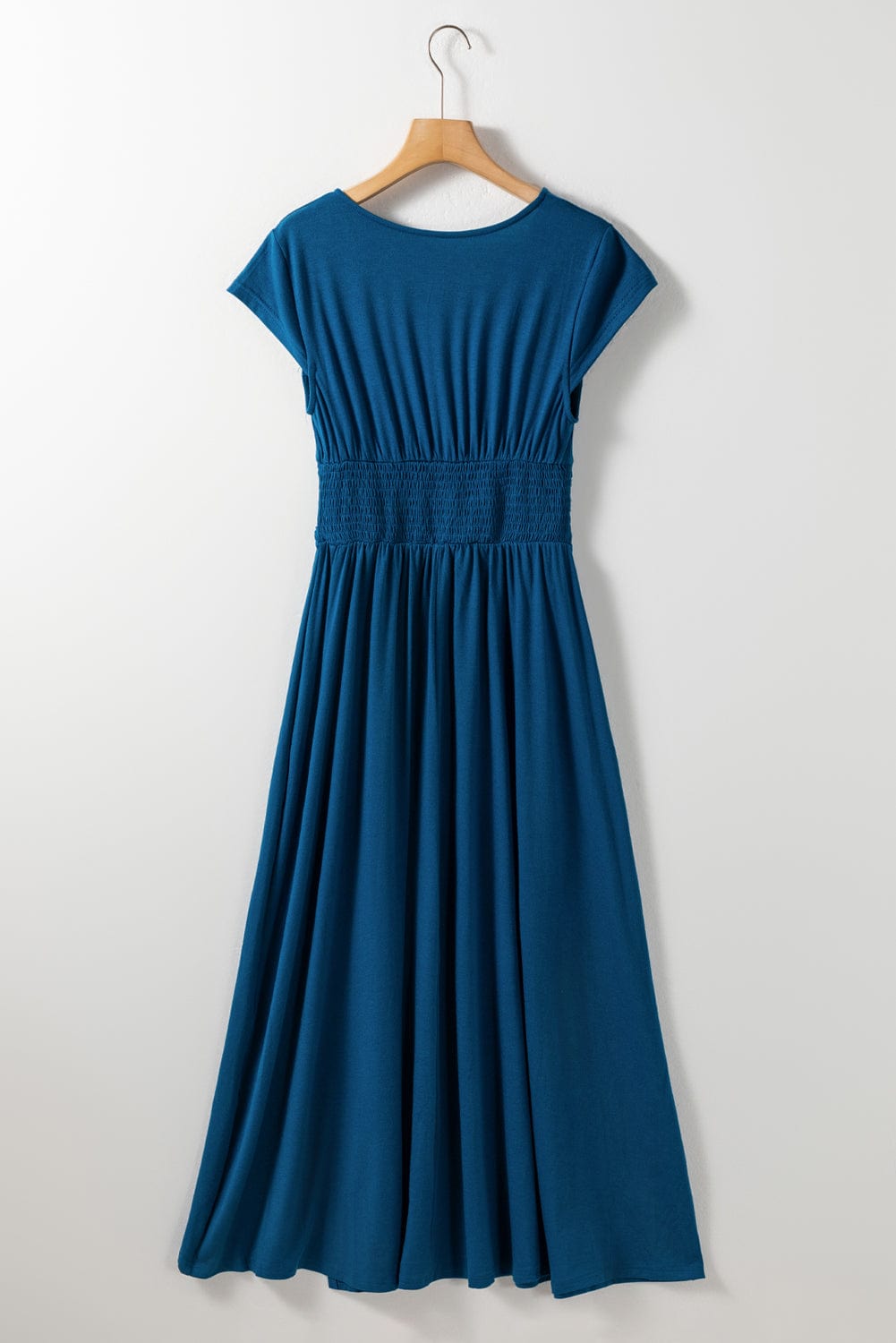 Peacock Blue V Neck Maxi Dress with Shirred High Waist