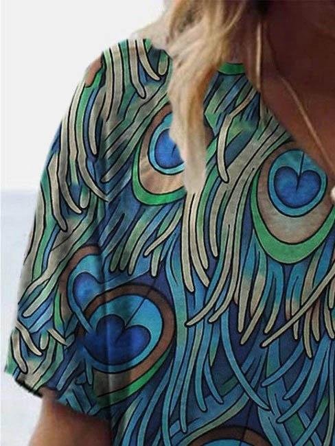 T-shirts - Peacock Feather Print Short-sleeved T-shirt - MsDressly