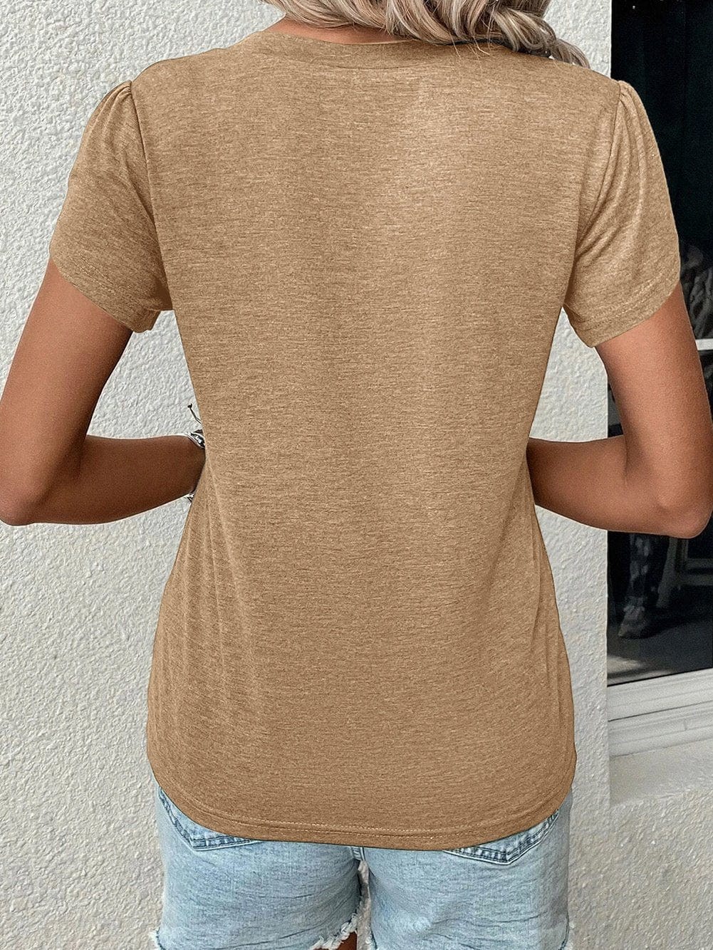 Petal Sleeve V Neck Pale Khaki Casual T Shirt