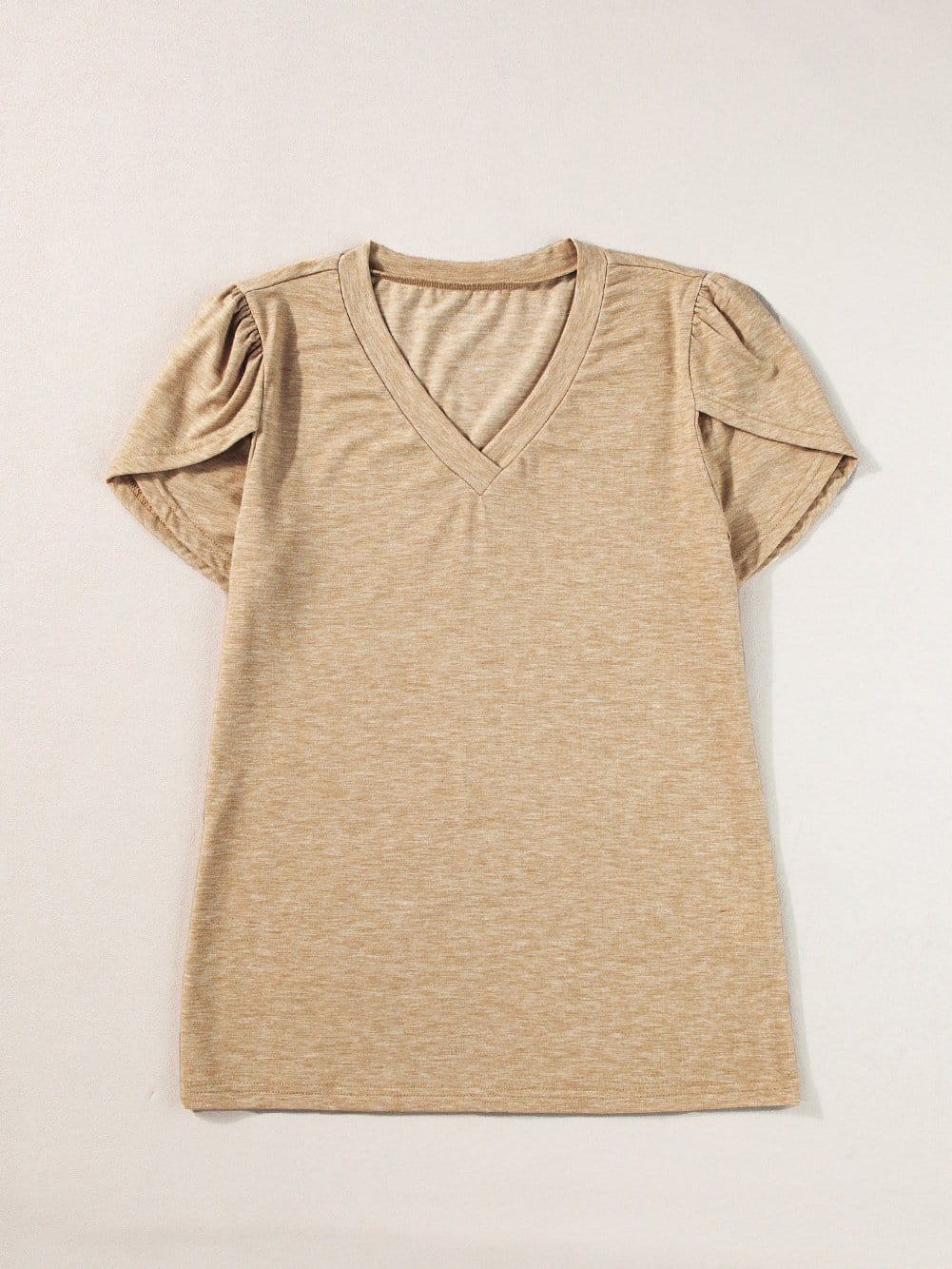 Petal Sleeve V Neck Pale Khaki Casual T Shirt