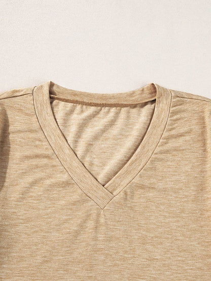Petal Sleeve V Neck Pale Khaki Casual T Shirt