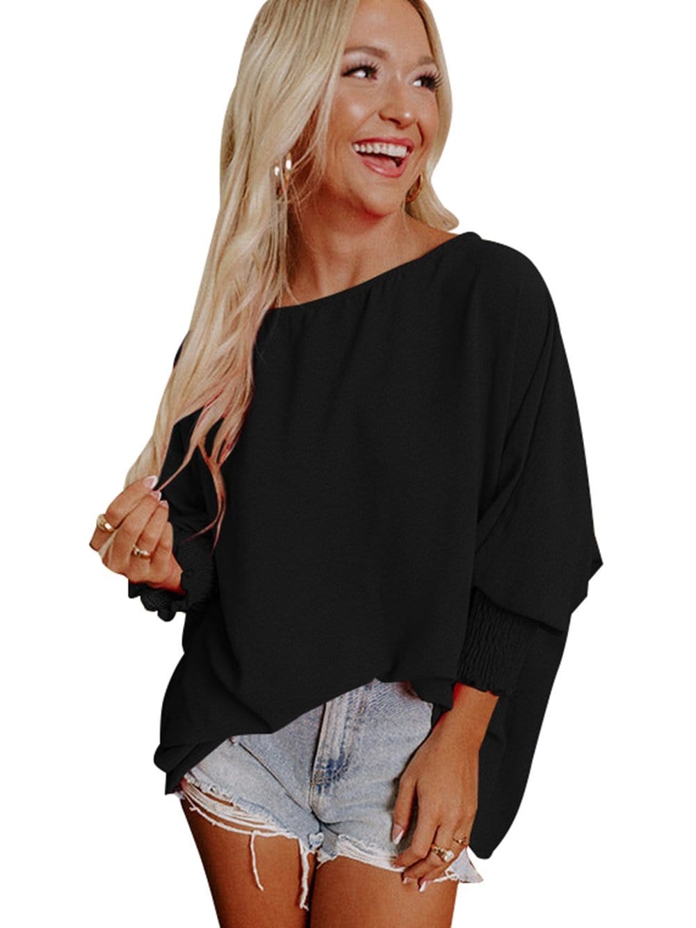 Petite Black Smocked Sleeve Blouse