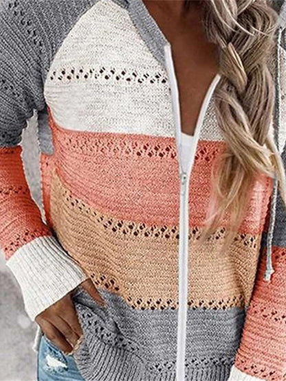 Women's Cardigan Sweater Hooded Ribbed Knit Acrylic Patchwork Zipper Hooded Spring Fall Outdoor Daily Going out Stylish Casual Soft Long Sleeve Color Block Black Pink Gray S M L