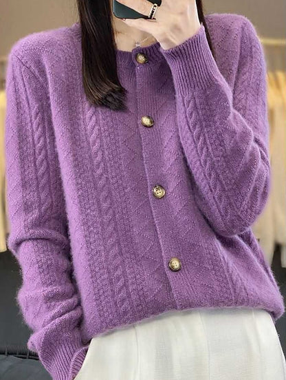 Women's Cardigan Stand Collar Ribbed Knit Polyester Button Knitted Fall Winter Regular Outdoor Daily Going out Stylish Casual Soft Long Sleeve Solid Color Wine Camel Purple One-Size