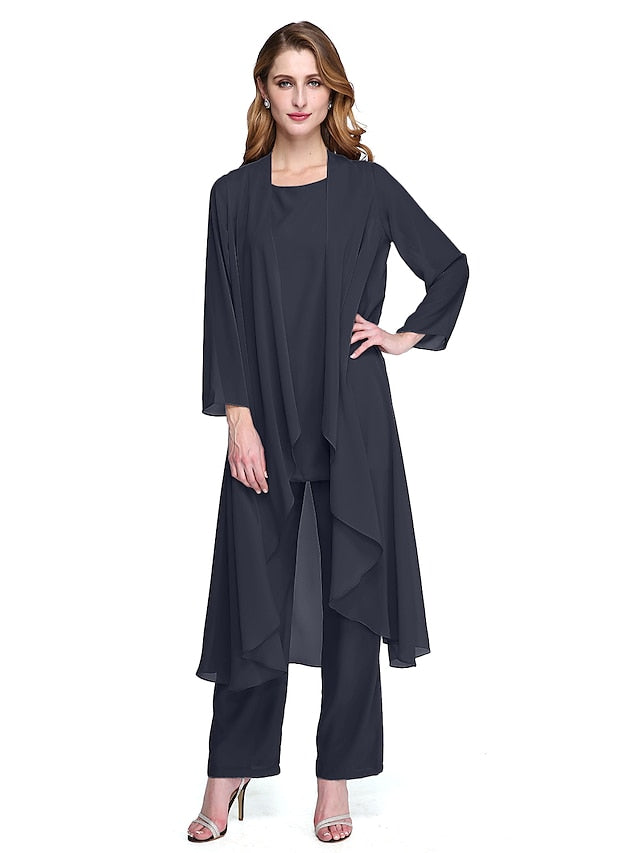 Jumpsuit / Pantsuit Mother of the Bride Dress Plus Size Elegant Bateau Neck Floor Length Chiffon Sleeveless yes with Solid Color 2023 - LuckyFash™