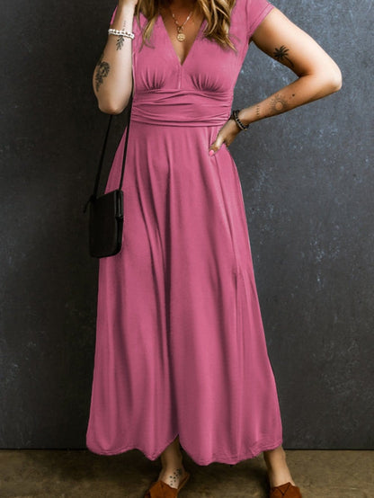 Phalaenopsis Chic V Neck Shirred Maxi Dress