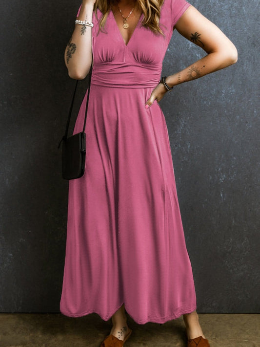 Phalaenopsis Chic V Neck Shirred Maxi Dress