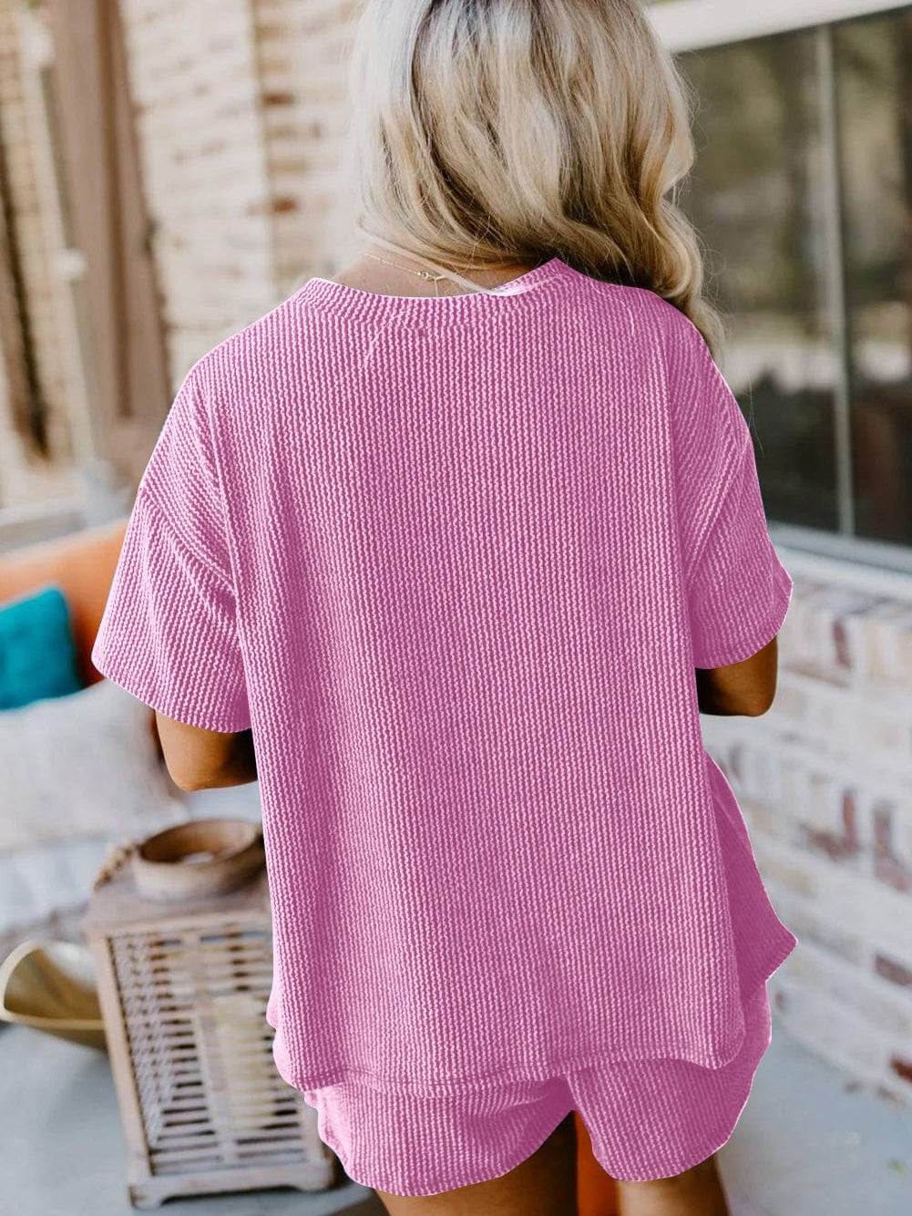 Phalaenopsis Ribbed Knit Tee and Shorts Set with Casual Style