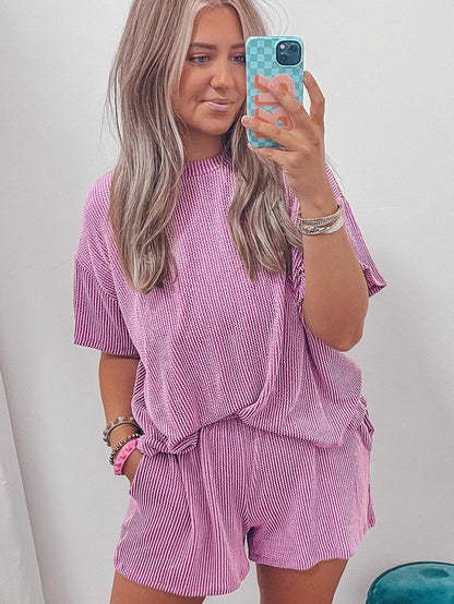 Phalaenopsis Ribbed Knit Tee and Shorts Set with Casual Style