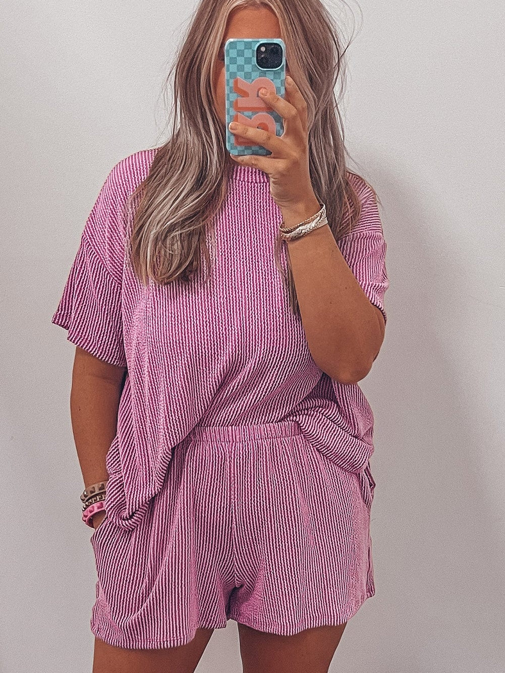 Phalaenopsis Ribbed Knit Tee and Shorts Set with Casual Style