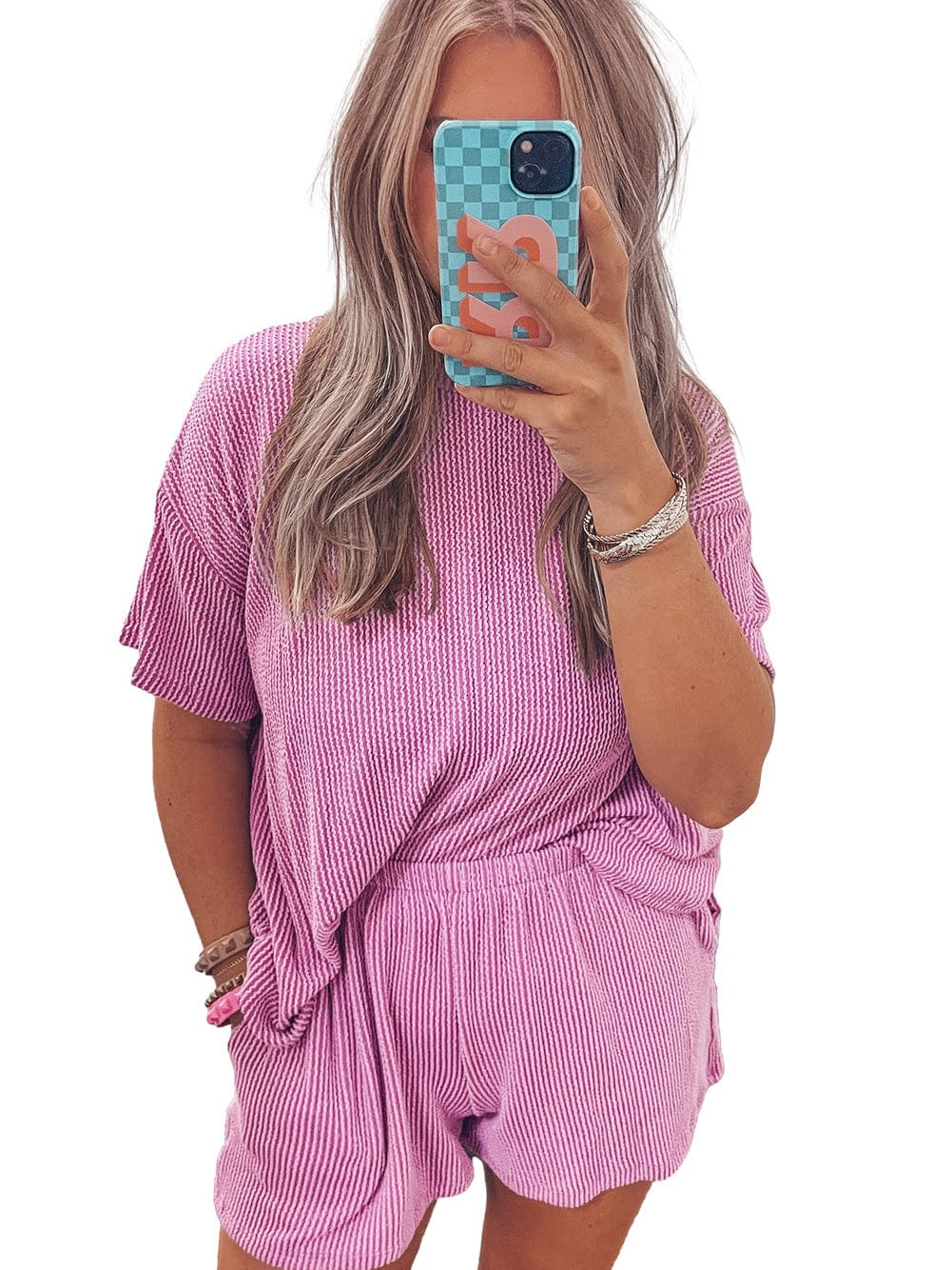 Phalaenopsis Ribbed Knit Tee and Shorts Set with Casual Style