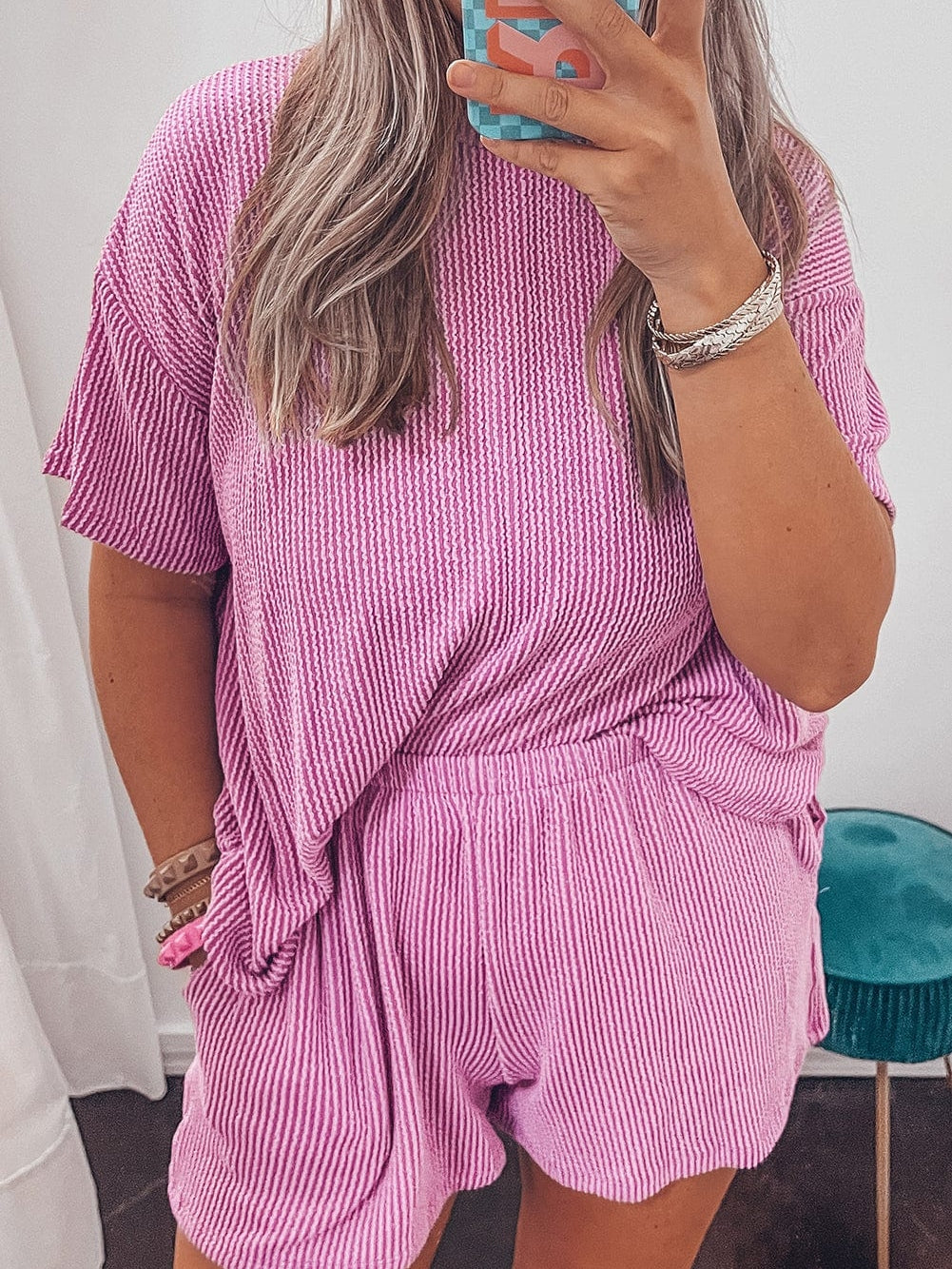 Phalaenopsis Ribbed Knit Tee and Shorts Set with Casual Style