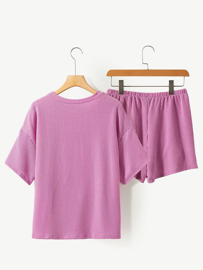 Phalaenopsis Ribbed Knit Tee and Shorts Set with Casual Style