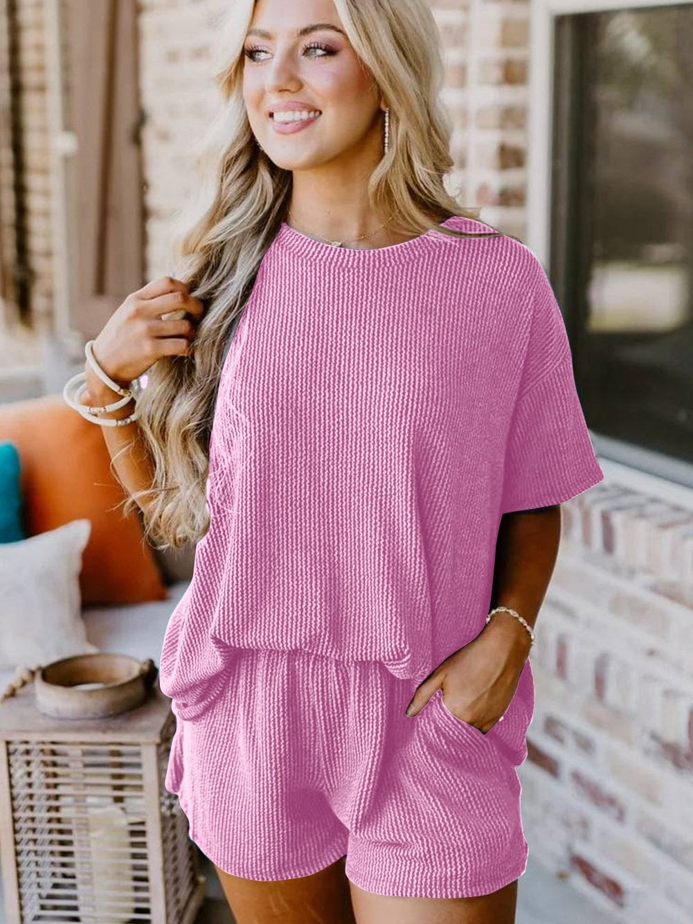 Phalaenopsis Ribbed Knit Tee and Shorts Set with Casual Style