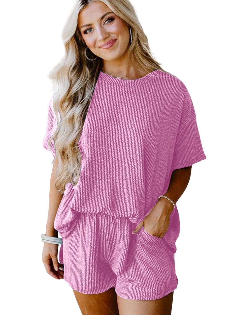 Phalaenopsis Ribbed Knit Tee and Shorts Set with Casual Style