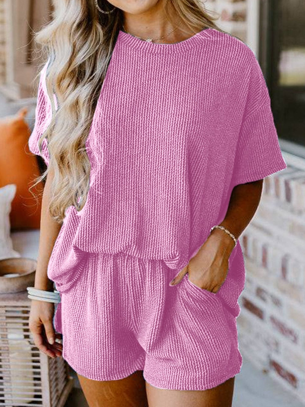 Phalaenopsis Ribbed Knit Tee and Shorts Set with Casual Style