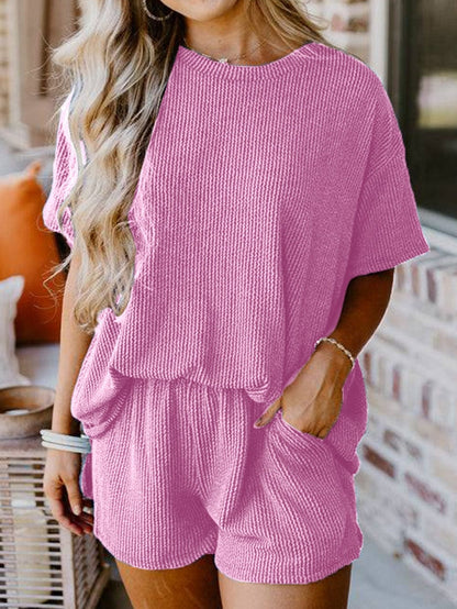 Phalaenopsis Ribbed Knit Tee and Shorts Set with Casual Style