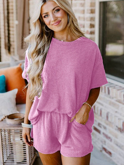 Phalaenopsis Ribbed Knit Tee and Shorts Set with Casual Style