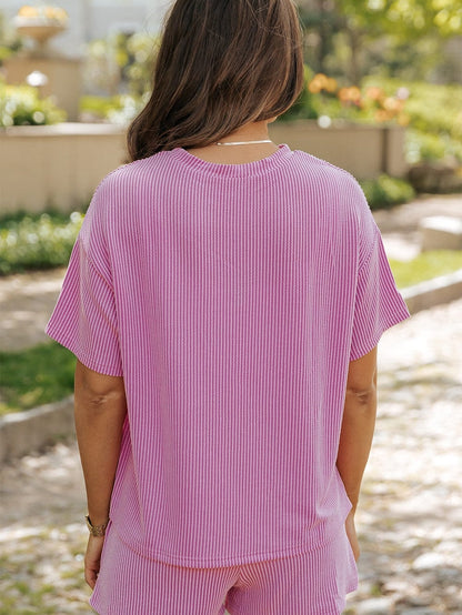 Phalaenopsis Ribbed Knit Tee and Shorts Set with Casual Style