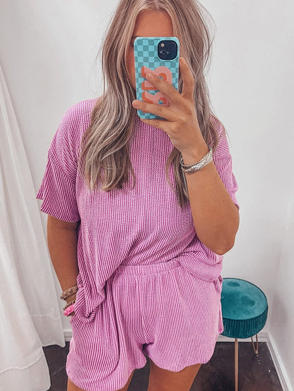 Phalaenopsis Ribbed Knit Tee and Shorts Set with Casual Style