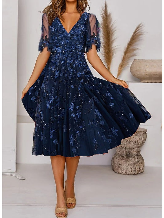 Women's Dress - Casual Dress Midi Dress Navy Blue Short Sleeve Floral Ruched Spring Summer V Neck Elegant Wedding Guest 2023 S M L XL 2XL 3XL