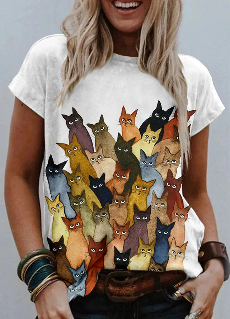 Graphic Cat Print Women's T-shirt with Shoulder Cut-outs