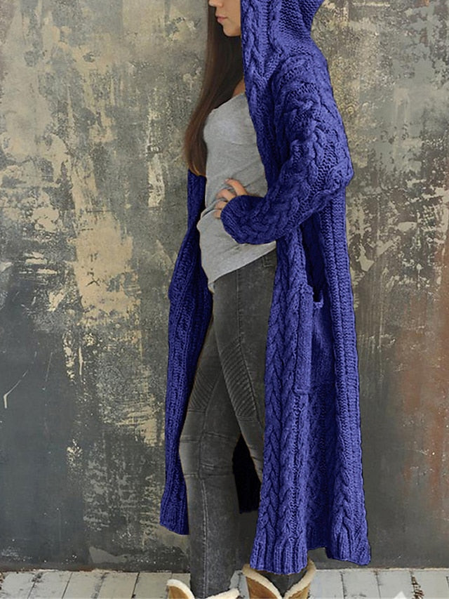 Women's Cardigan Sweater Hooded Cable Knit Polyester Pocket Hooded Fall Winter Long Outdoor Daily Going out Stylish Casual Soft Long Sleeve Solid Color Black Yellow Pink S M L