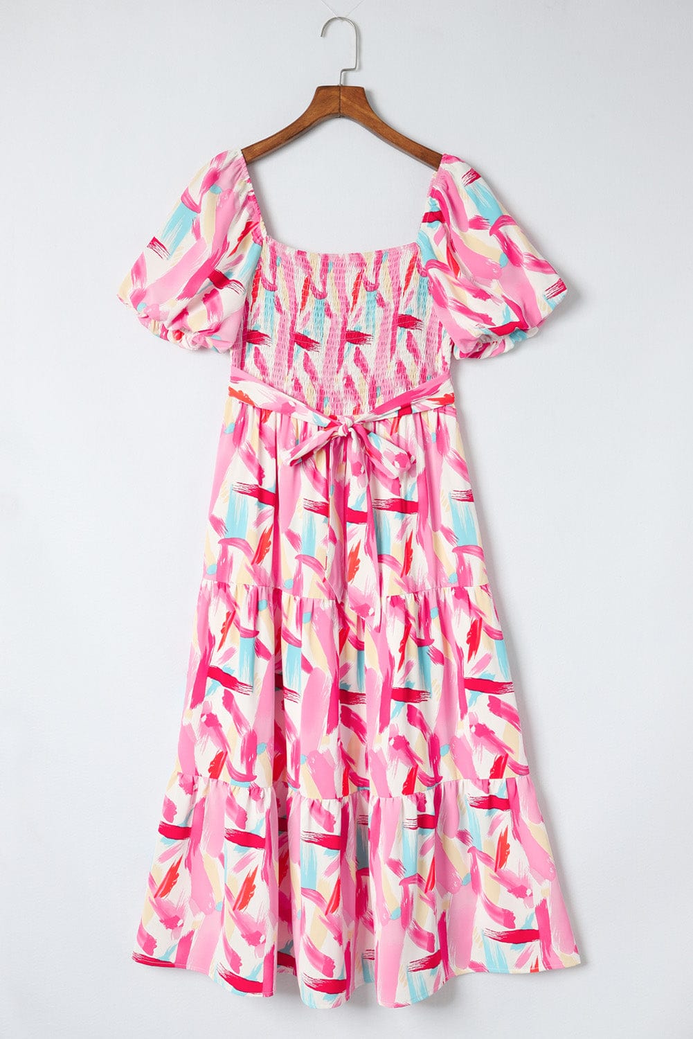 Pink Abstract Brush Stroke Smocked Ruffle A-Line Midi Dress