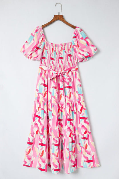 Pink Abstract Brush Stroke Smocked Ruffle A-Line Midi Dress