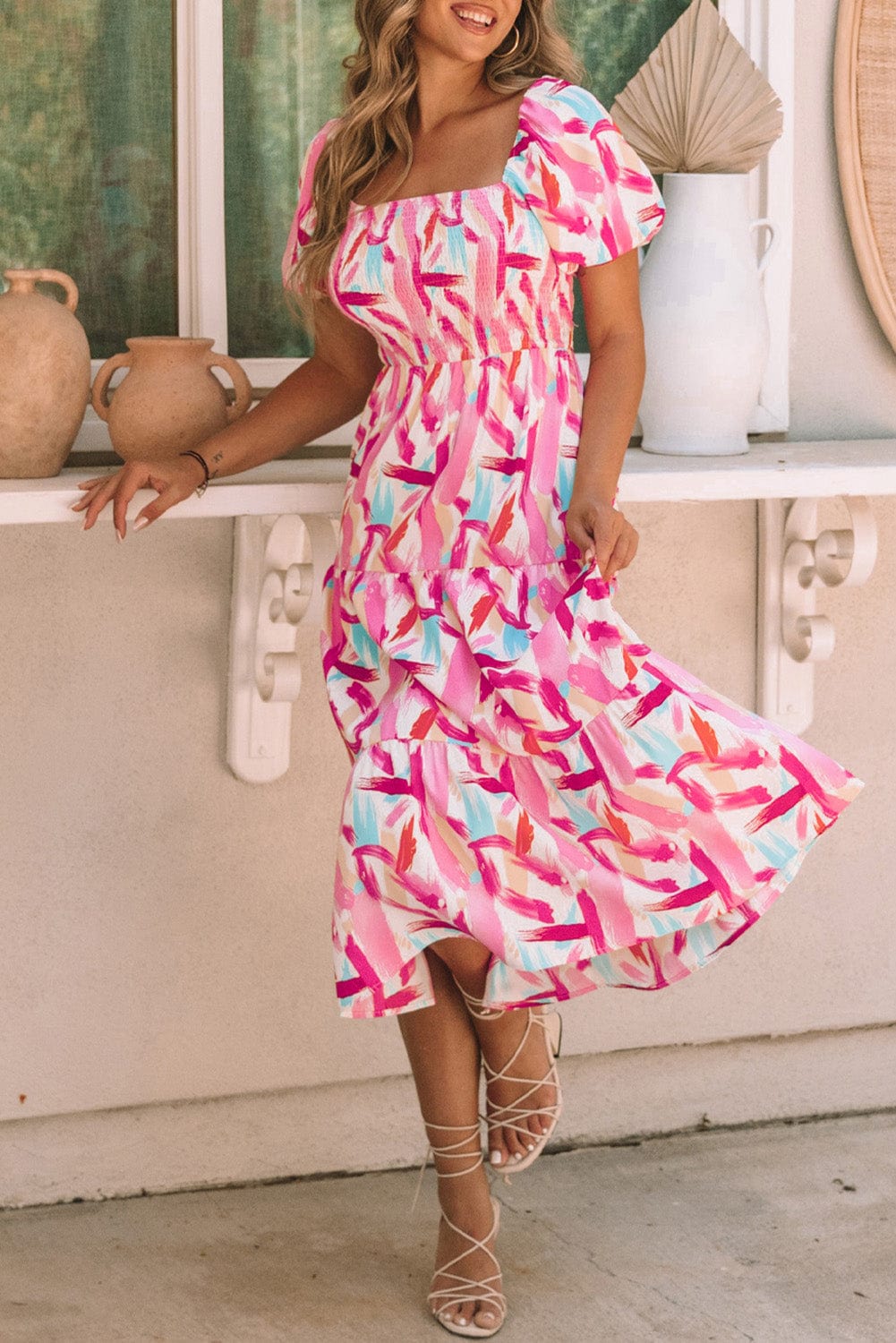 Pink Abstract Brush Stroke Smocked Ruffle A-Line Midi Dress