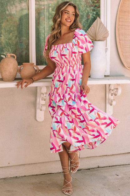 Pink Abstract Brush Stroke Smocked Ruffle A-Line Midi Dress