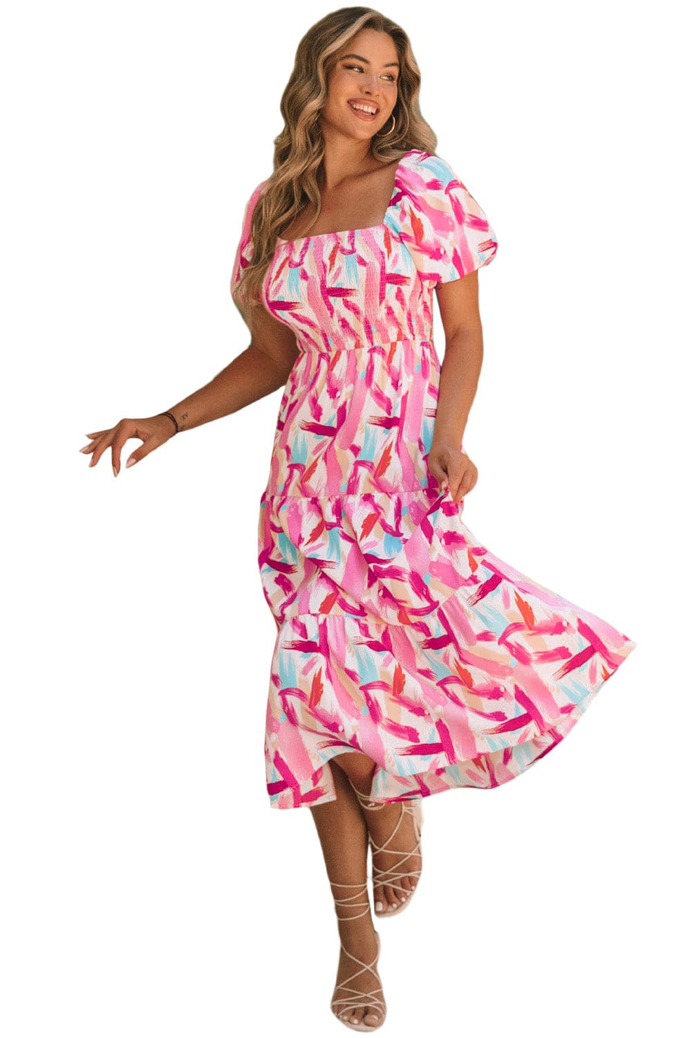 Pink Abstract Brush Stroke Smocked Ruffle A-Line Midi Dress
