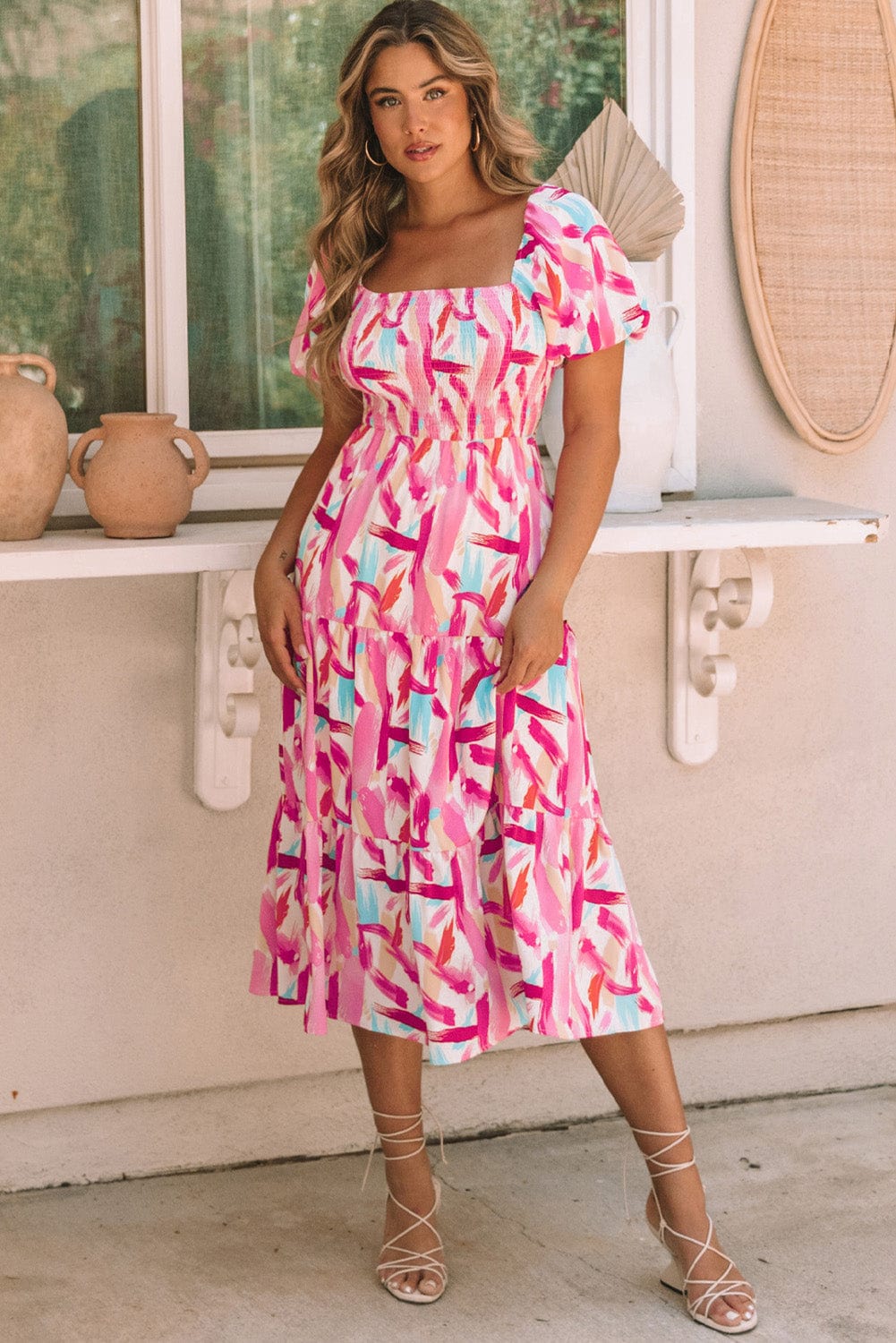 Pink Abstract Brush Stroke Smocked Ruffle A-Line Midi Dress