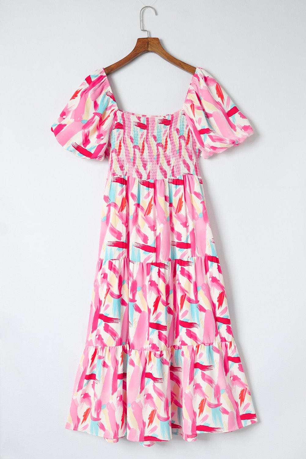 Pink Abstract Brush Stroke Smocked Ruffle A-Line Midi Dress